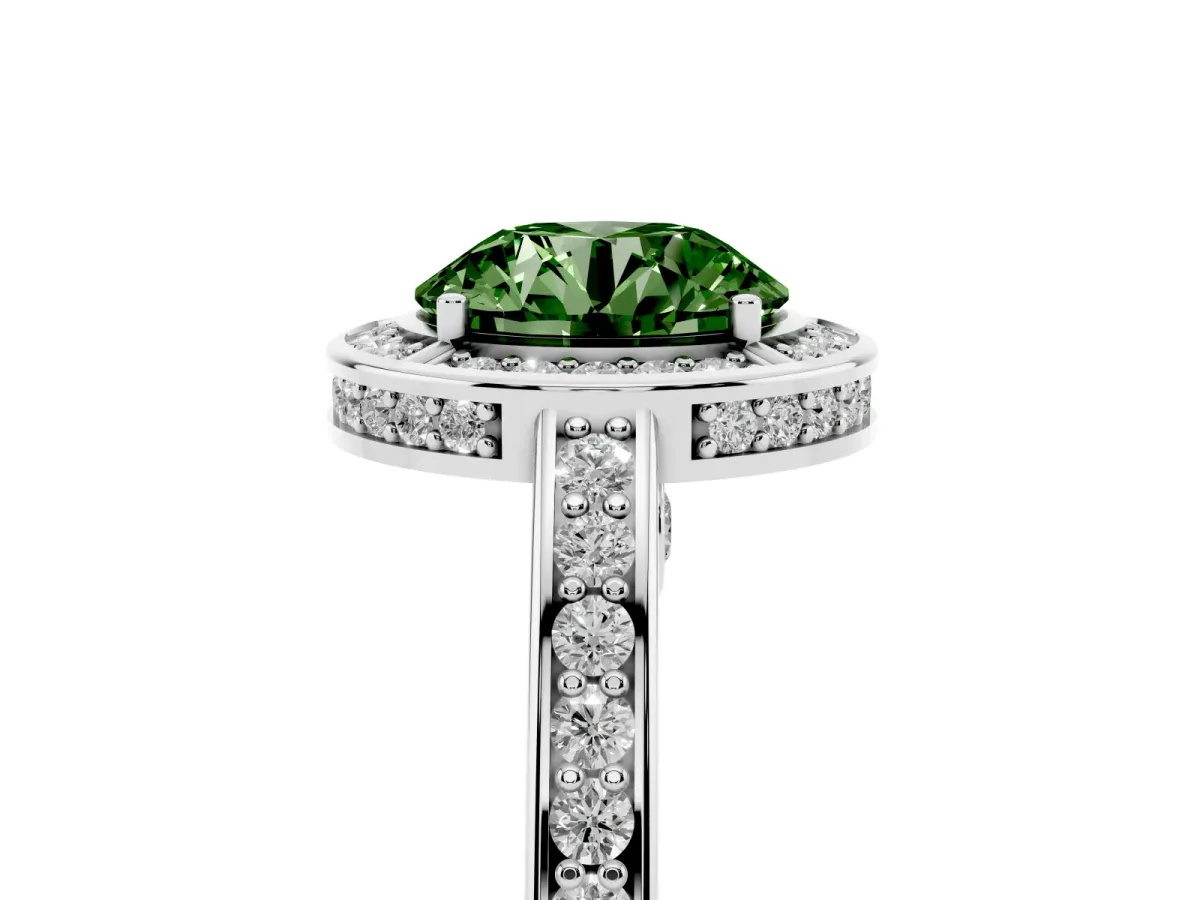 Fancy Green Round Cut Cut Halo Pave Split Shank Prong Setting Ring Silver