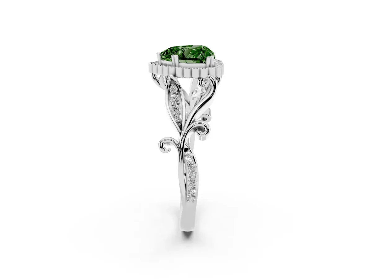 Fancy Green Heart Cut Diamond Halo Ring with Vintage Split Shank and Four-Prong Setting Silver