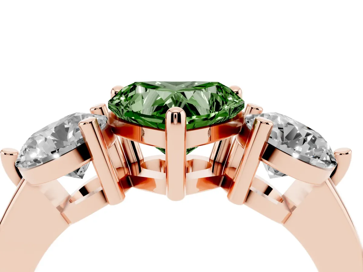 Fancy Green Three-Stone Heart Cut Brilliant Cut Solitaire Ring with Prong Setting on a Classic Band Rose gold