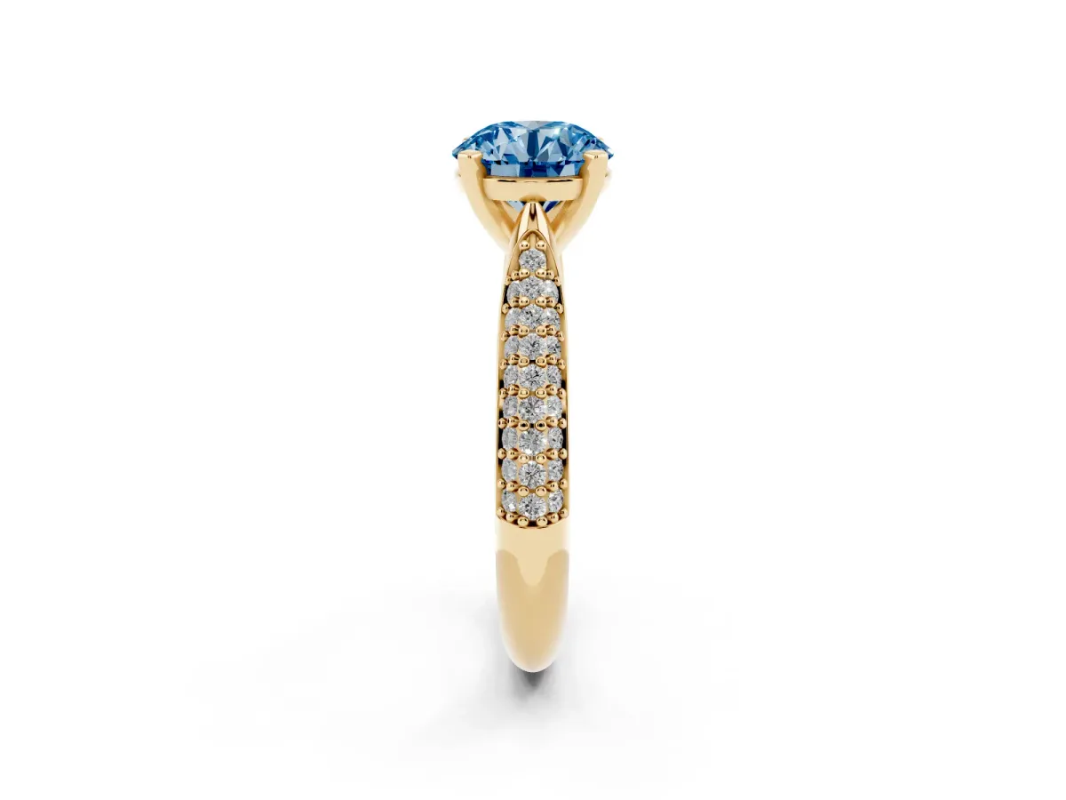 Fancy Blue Round Cut Diamond Solitaire Engagement Ring with Multi-Row Round Pavé Band and Prong Setting Yellow gold