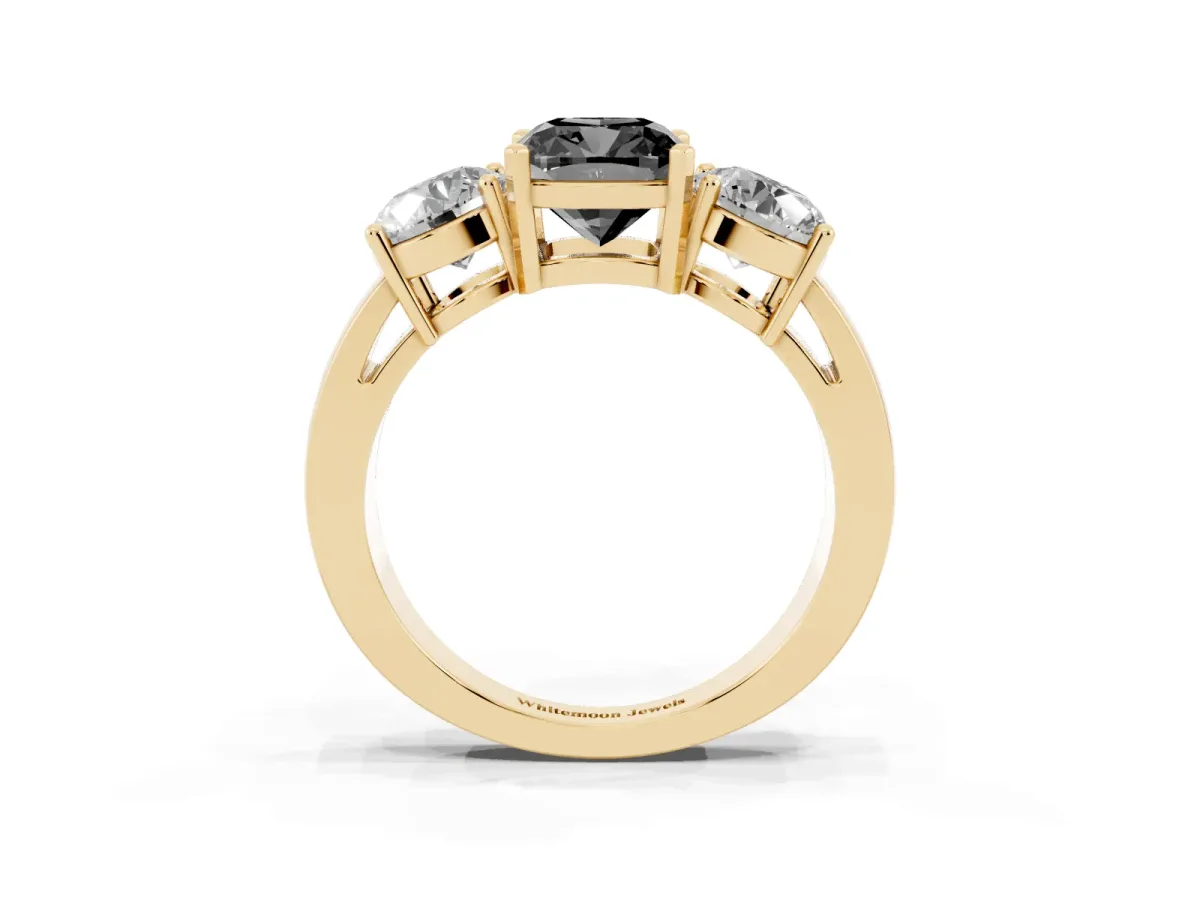 Fancy Black Three-Stone Cushion Cut Diamond Ring with Round Side Stones, Classic Band, and Four-Prong Setting Yellow gold
