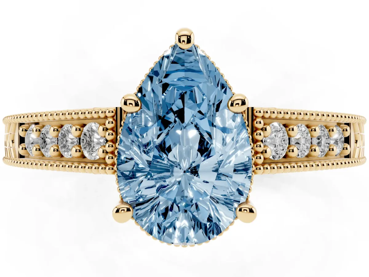 Fancy Blue Pear Cut Solitaire Pavé Diamond Milgrain Engagement Ring with Four-Prong Setting Yellow gold