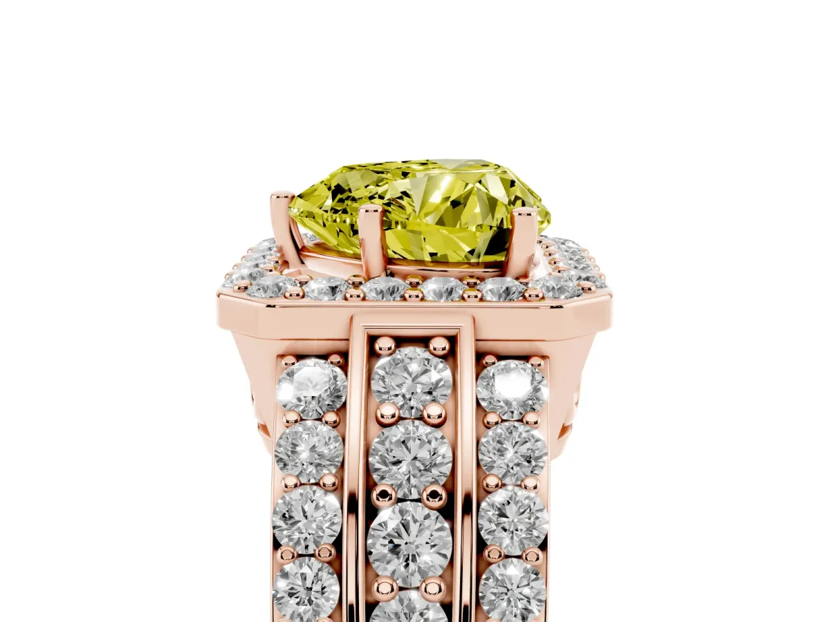 Fancy Yellow Heart Cut Halo Diamond Ring with Round Split Shank and Prong Setting Rose gold