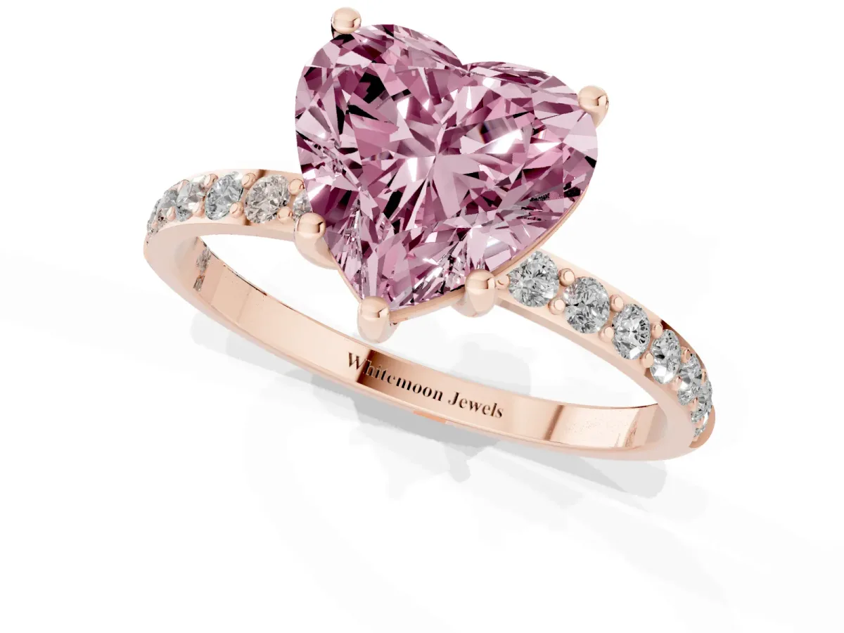 Fancy Pink Heart Cut Diamond Solitaire Ring with Round Pavé Shoulders and Prong Setting Rose gold