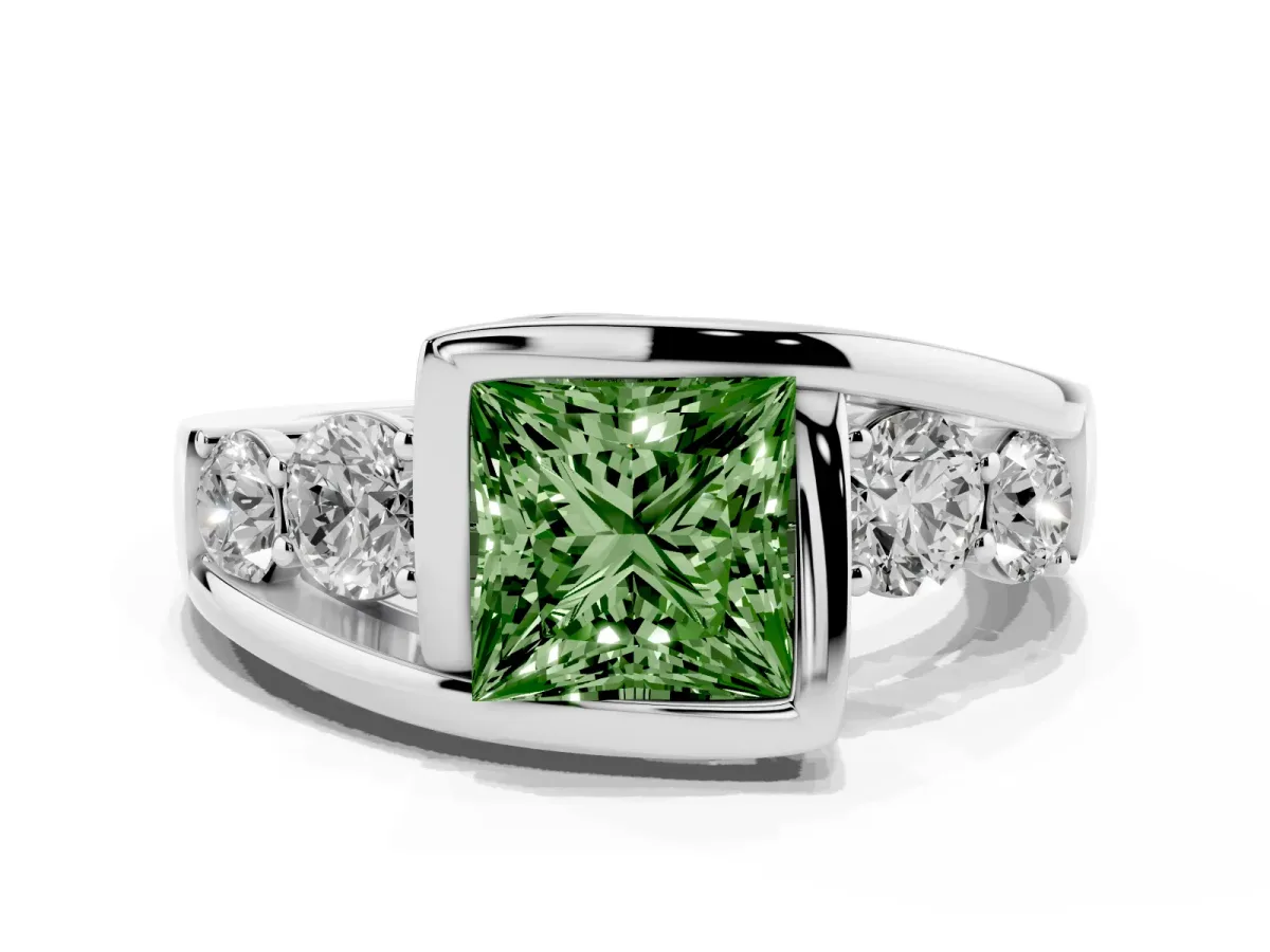 Fancy Green Bezel Set Princess Cut Diamond Bypass Ring with Round Accents Silver