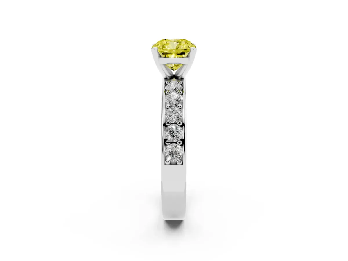 Fancy Yellow Cushion Cut Diamond Engagement Ring with Channel Set Round Band and Prong Setting Silver