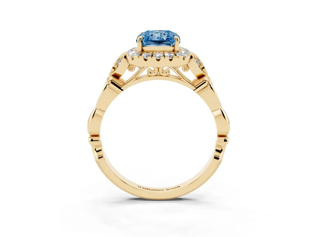 Fancy Blue Radiant Cut Halo Diamond Engagement Ring with Vintage-Inspired Band and Four-Prong Setting Yellow gold