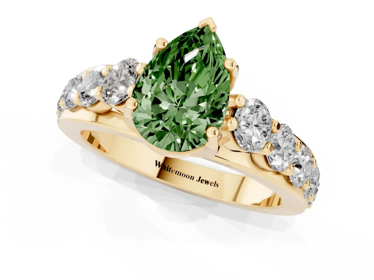 Fancy Green Pear Cut Diamond Engagement Ring with Pavé Band and Four-Prong Setting Yellow gold