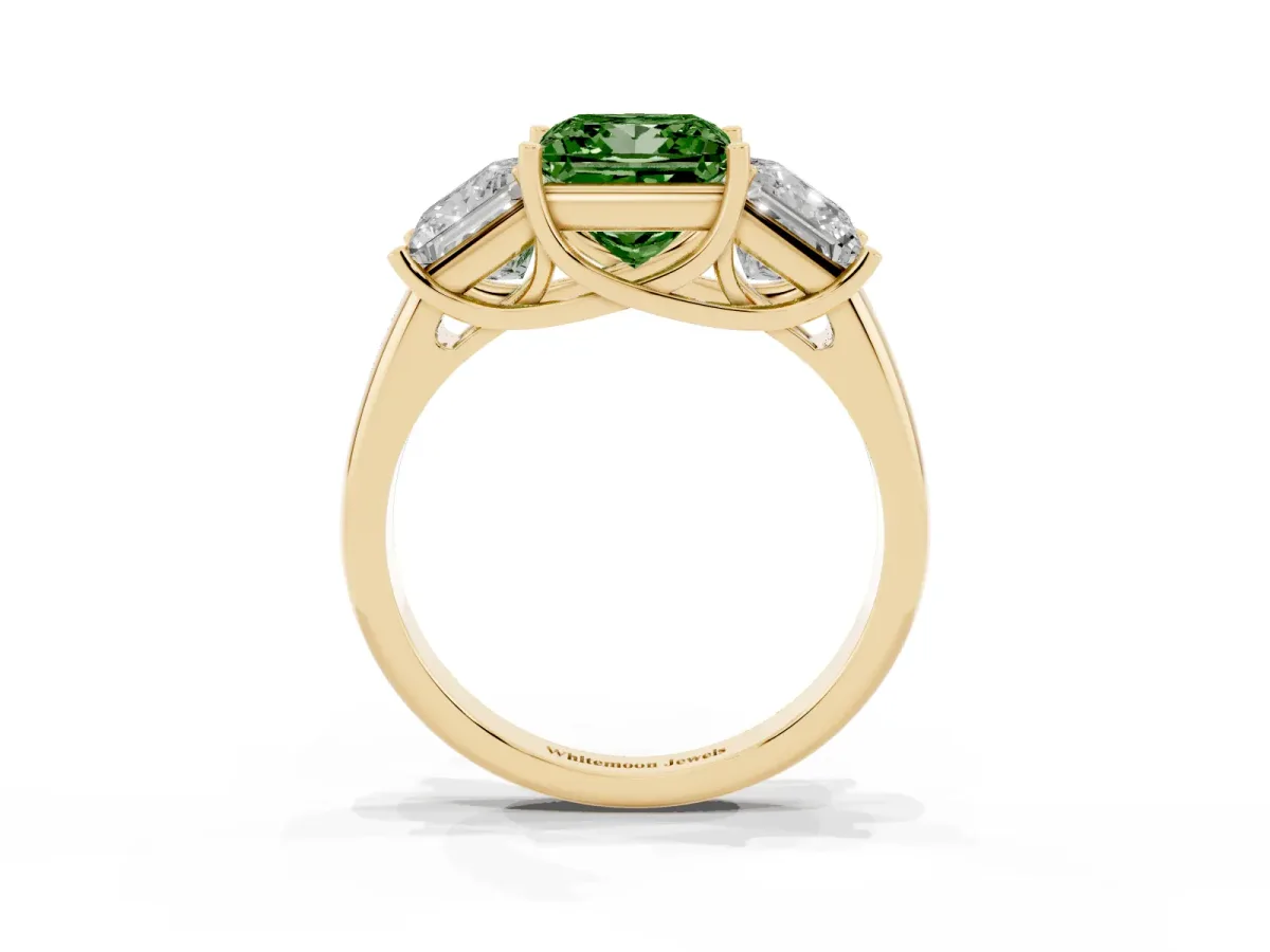 Fancy Green Three-Stone Princess Cut Diamond Engagement Ring with Prong Setting Yellow gold