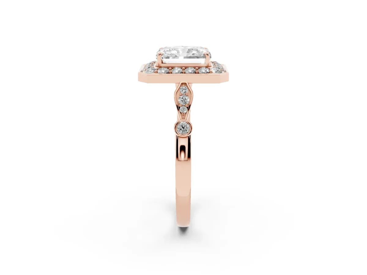 Radiant Cut Halo Diamond Engagement Ring with Twisted Band and Four-Prong Setting Rose gold