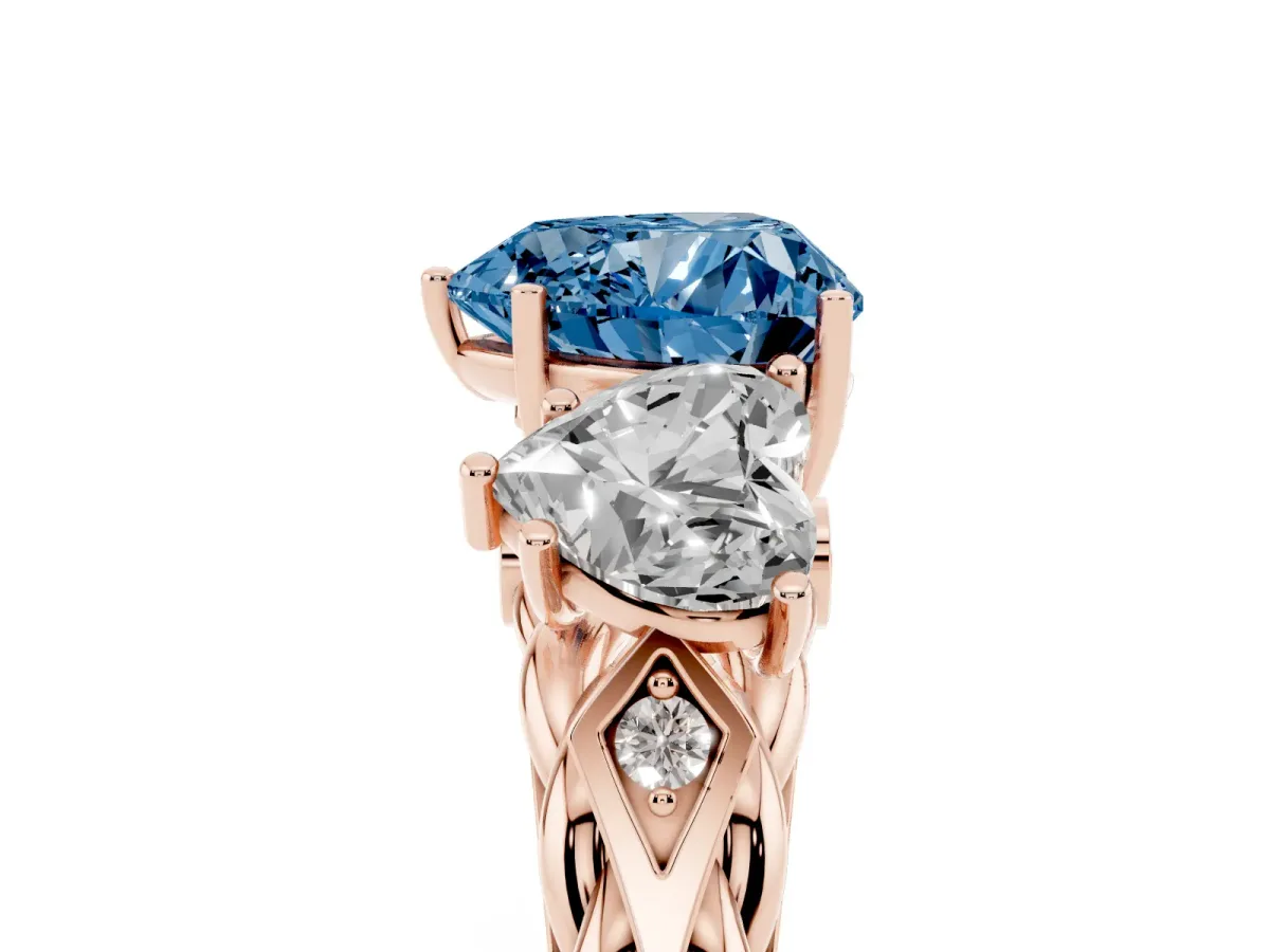 Fancy Blue Three-Stone Heart Cut Diamond Braided Band Ring with Four-Prong Setting Rose gold