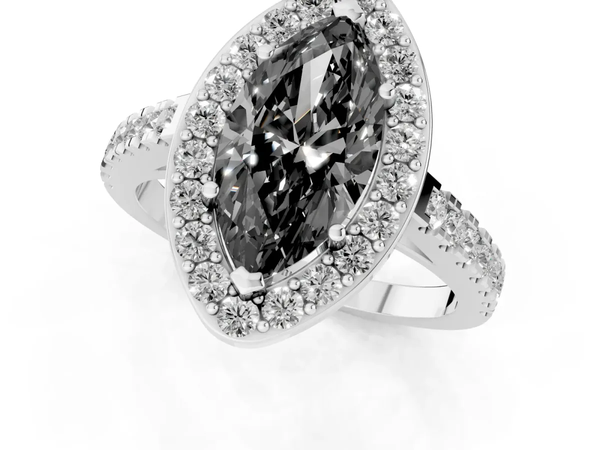 Fancy Black Marquise Cut Diamond Halo Ring with Round Pavé Split Shank and Prong Setting Silver