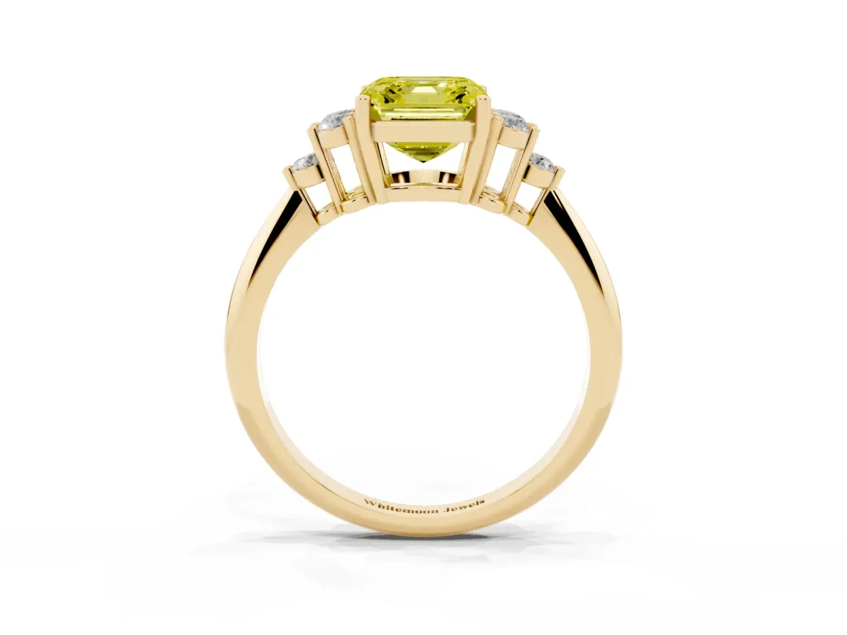 Fancy Yellow Asscher Cut Cut Diamond Cluster Ring with Solitaire Band and Four-Prong Setting Yellow gold