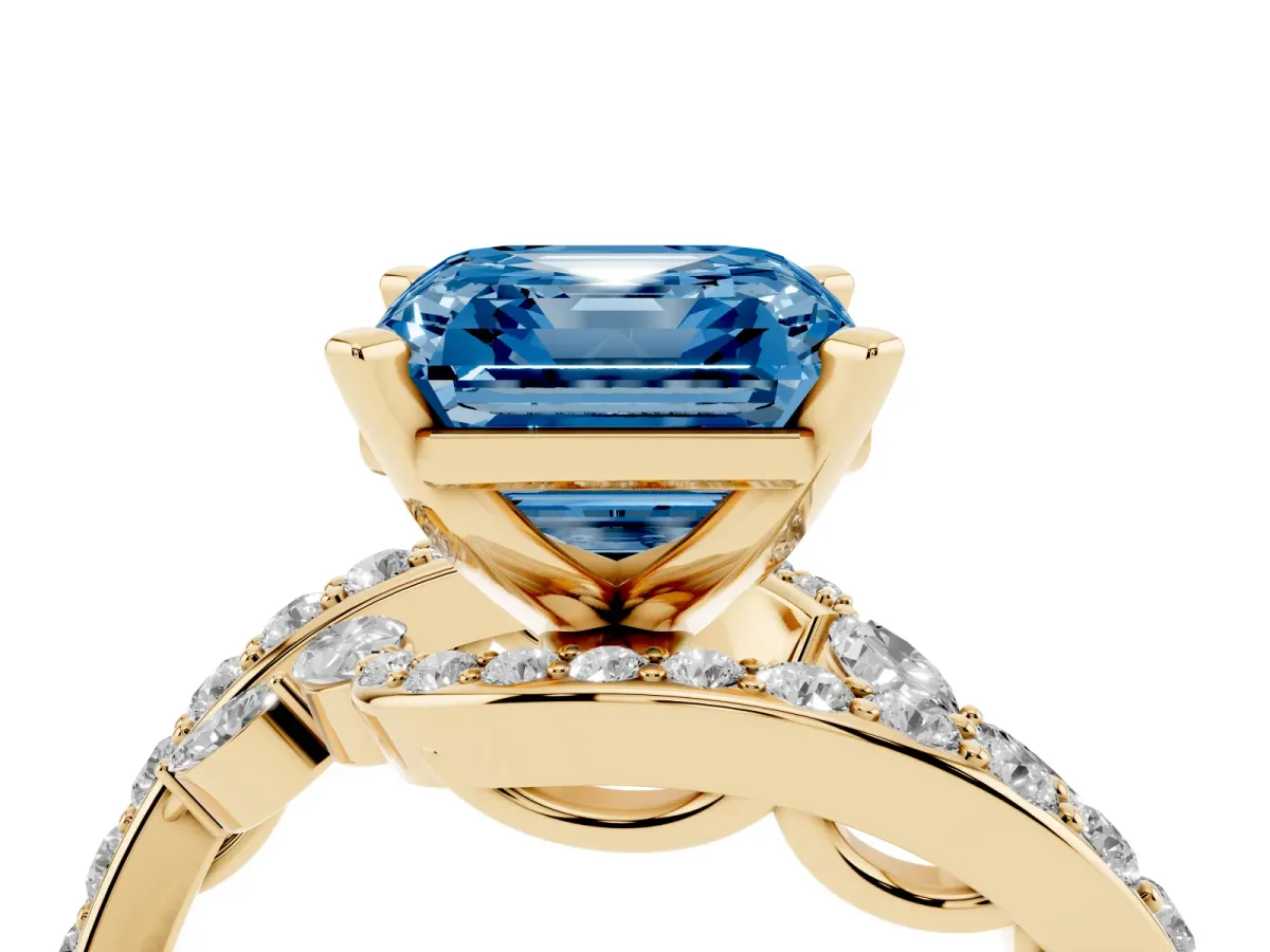 Fancy Blue Asscher Cut Solitaire with Pavé Twist Band and Four-Prong Setting Yellow gold
