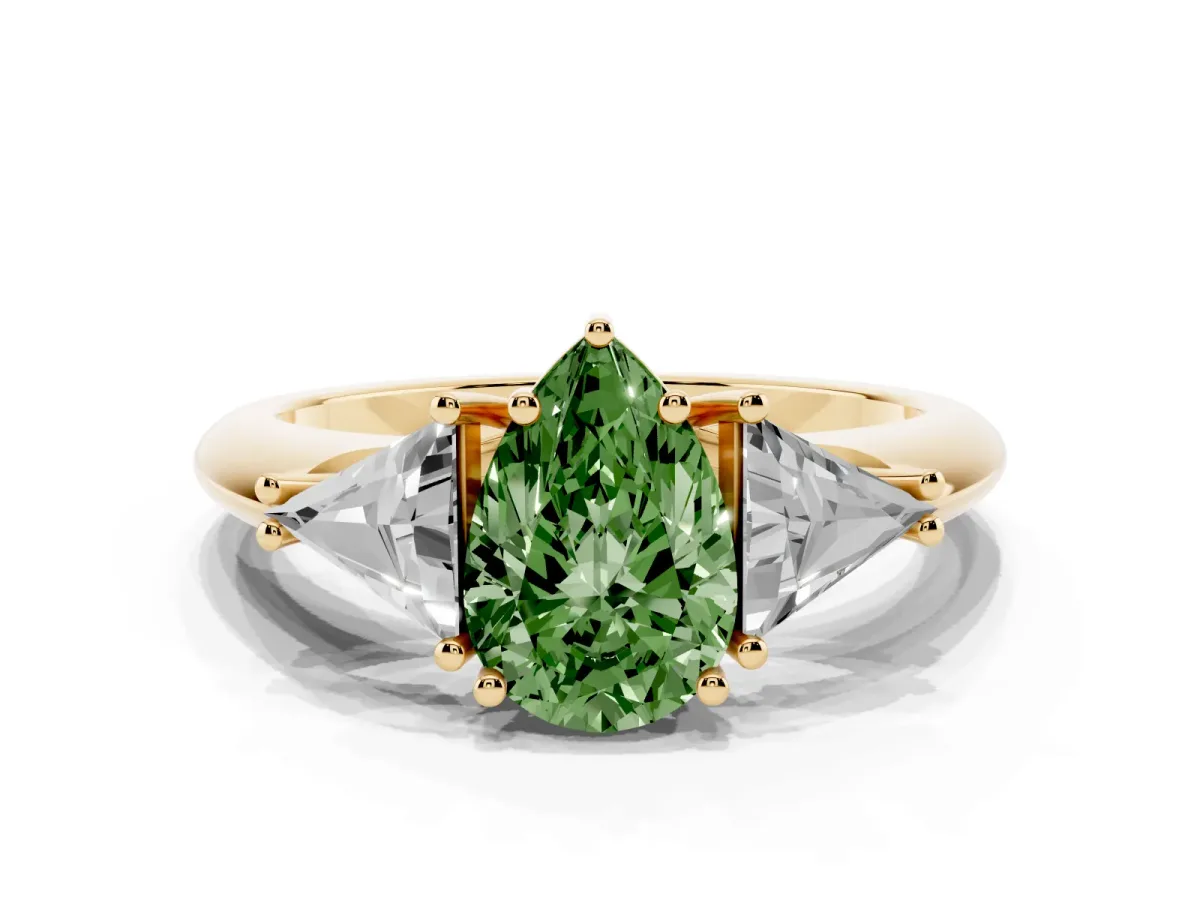 Fancy Green Three-Stone Pear Cut Diamond Engagement Ring with Trillion Side Stones and Prong Setting Yellow gold