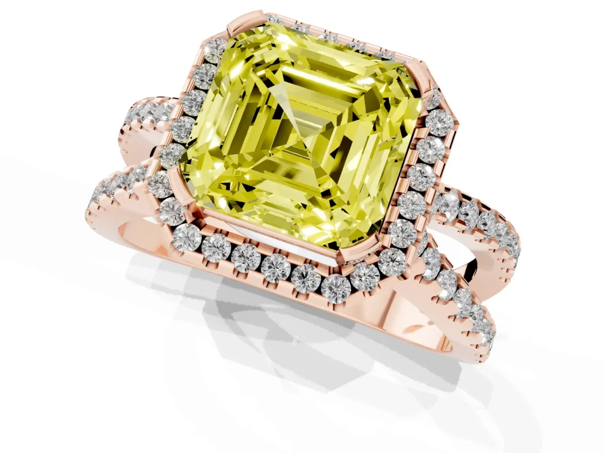 Fancy Yellow Asscher Cut Diamond Halo Ring with Split Shank Pavé Band and Prong Setting Rose gold