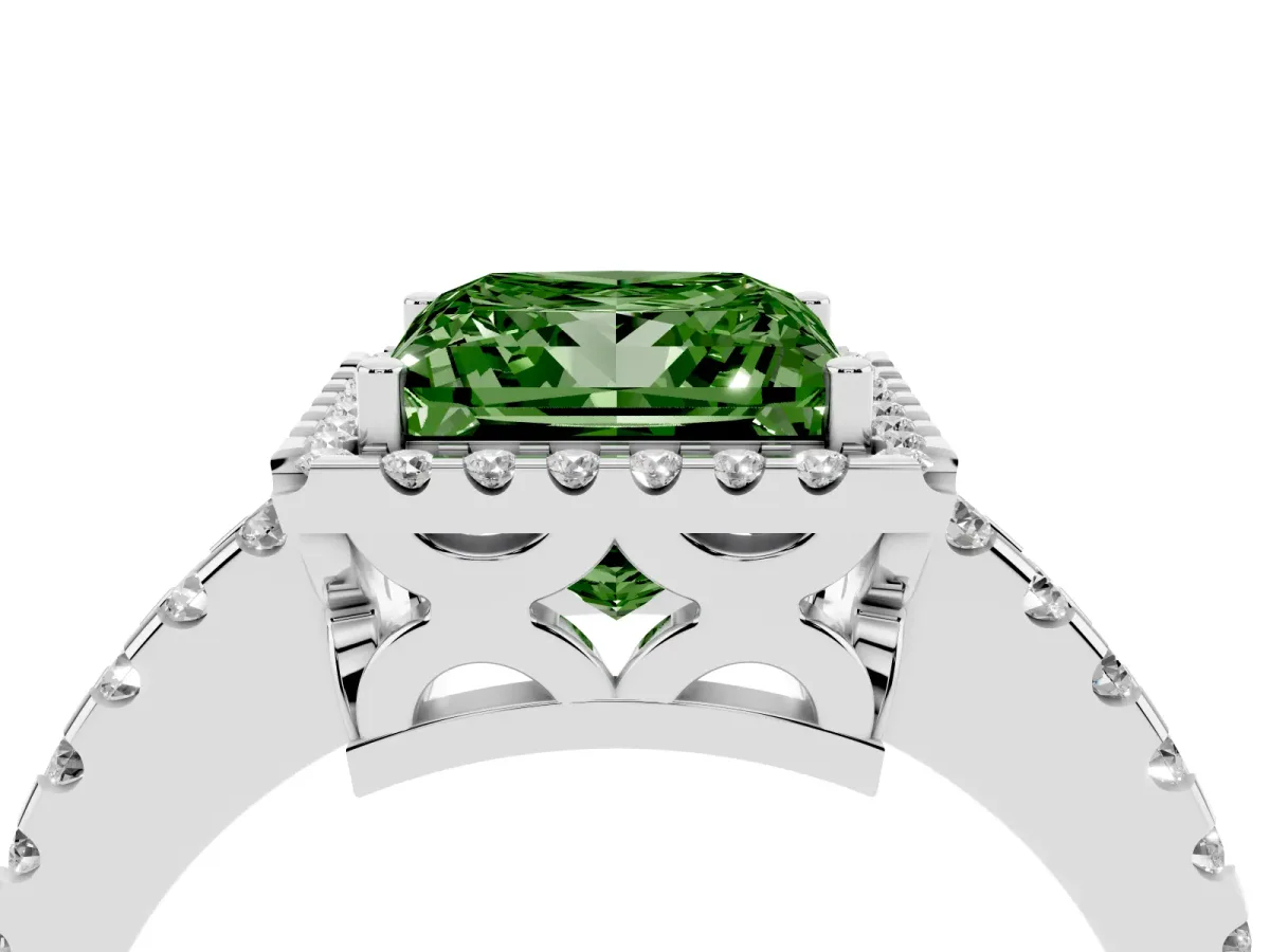 Fancy Green Princess Cut Diamond Halo Engagement Ring with Pavé Band and Prong Setting White gold