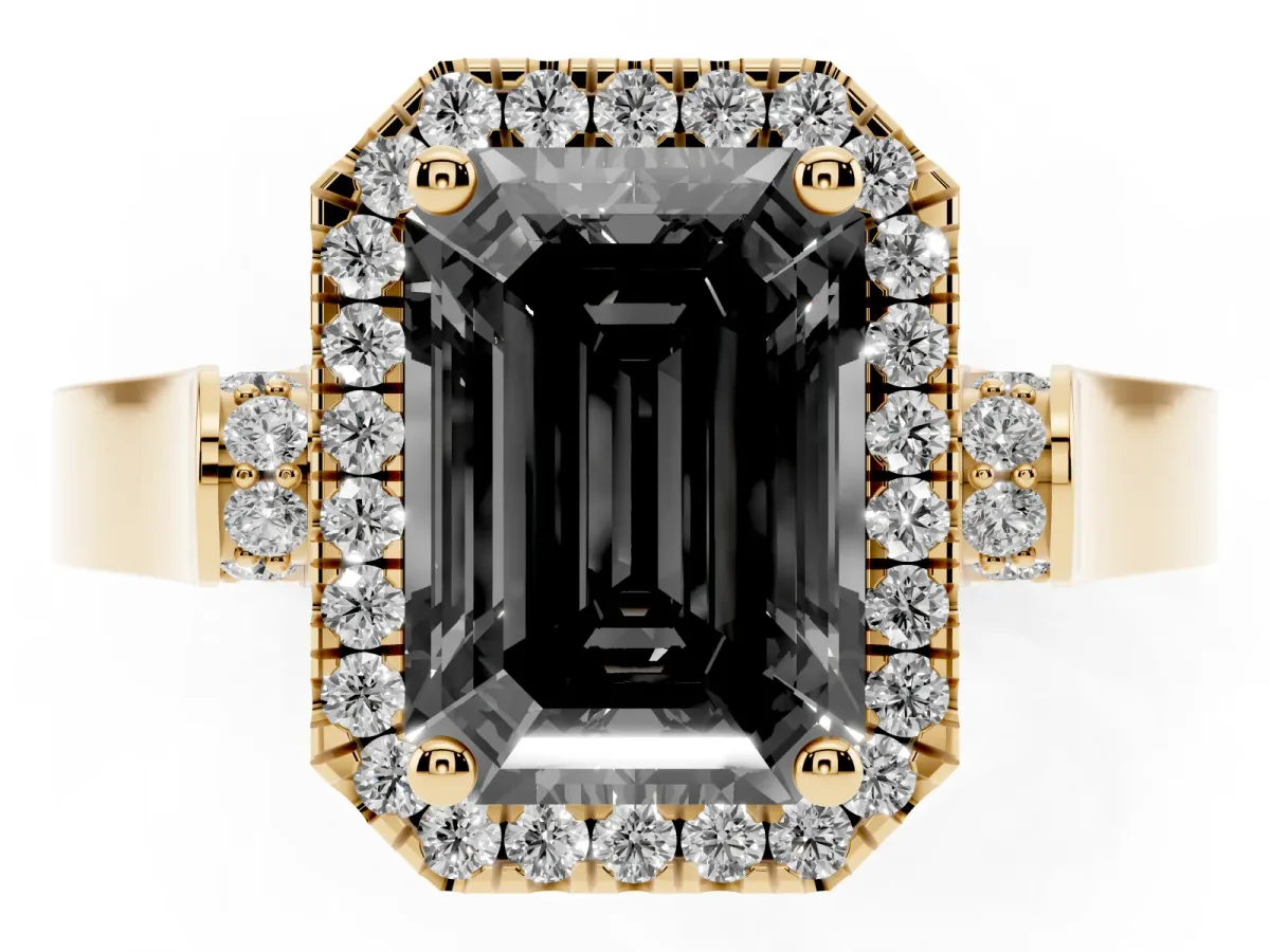 Fancy Black Emerald Cut Halo Round Diamond Twist Band with Four-Prong Setting Yellow gold