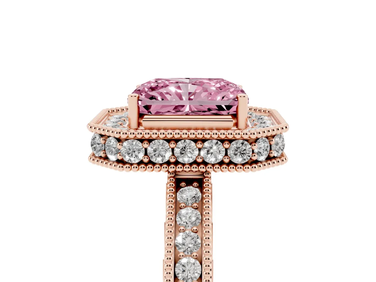 Fancy Pink Radiant Cut Diamond Milgrain Halo Engagement Ring with Round Pavé Band and Prong Setting Rose gold