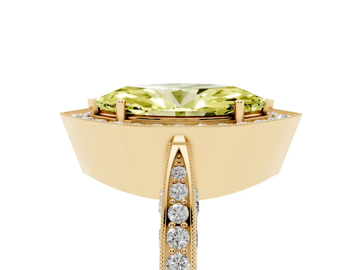 Fancy Yellow Marquise Cut Halo Diamond Engagement Ring with Split Shank Band and Four-Prong Setting Yellow gold