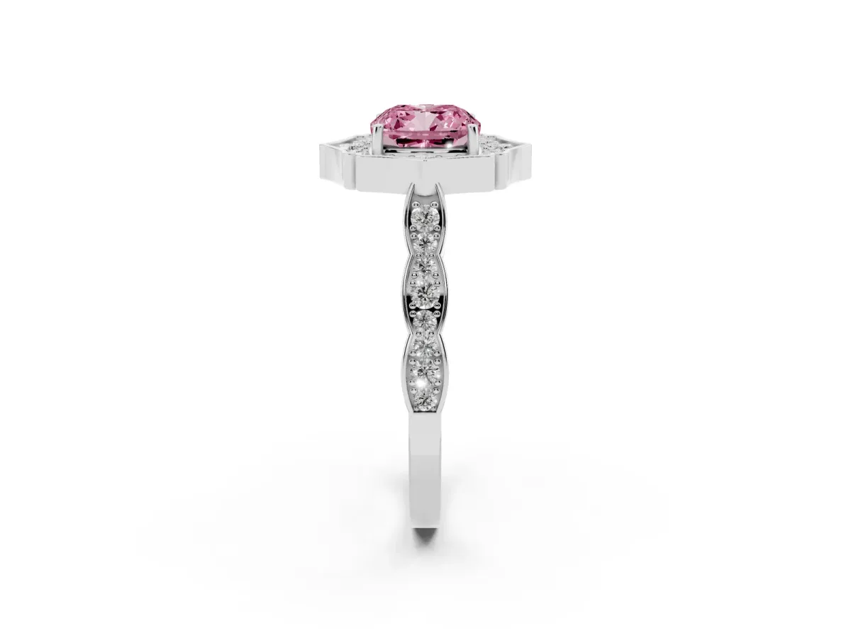 Fancy Pink Cushion Cut Halo Diamond Engagement Ring with Milgrain Band and Four-Prong Setting Silver