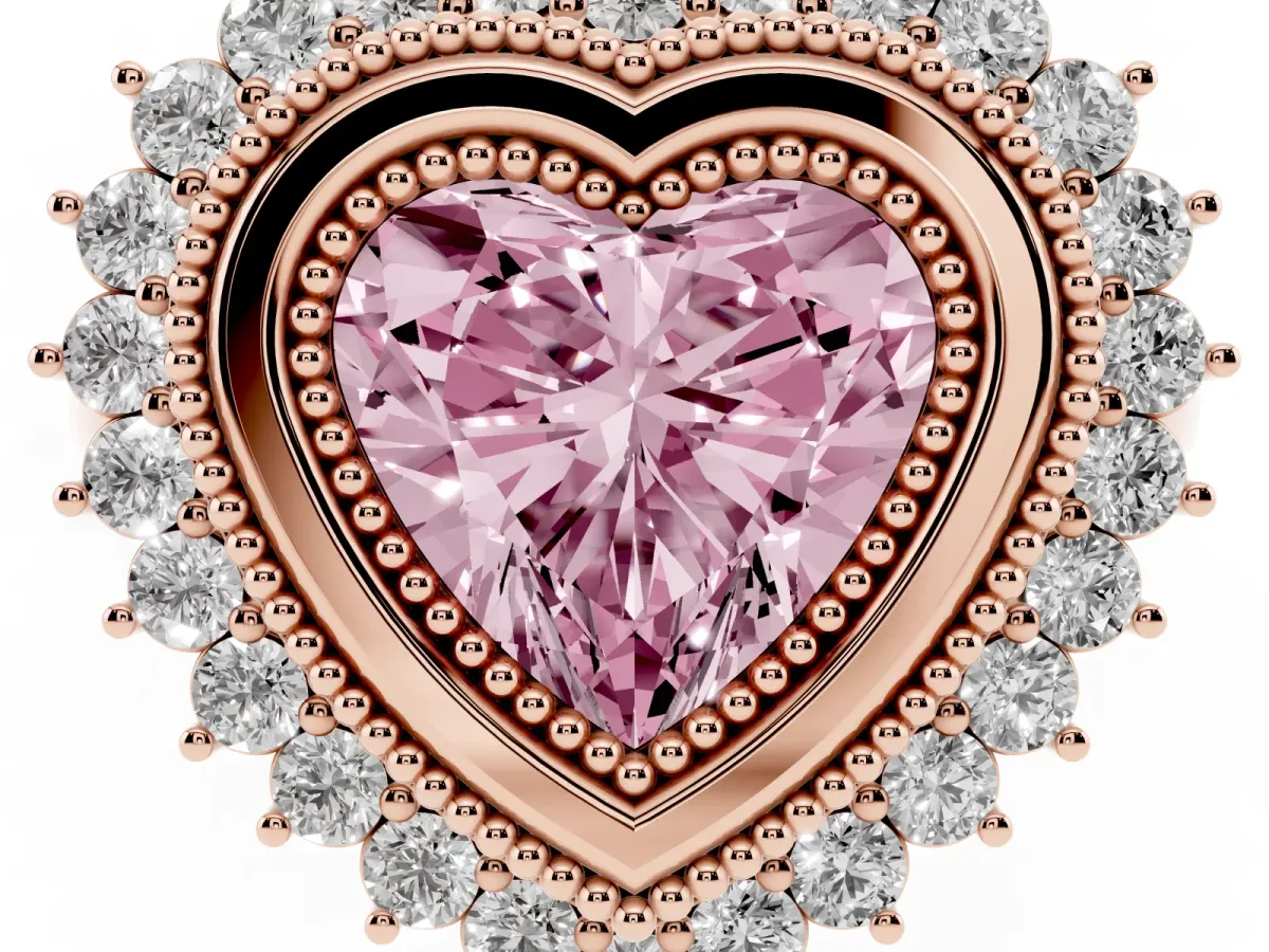 Fancy Pink Heart Cut Halo Diamond Ring with Milgrain Edge and Round Prong Setting Rose gold