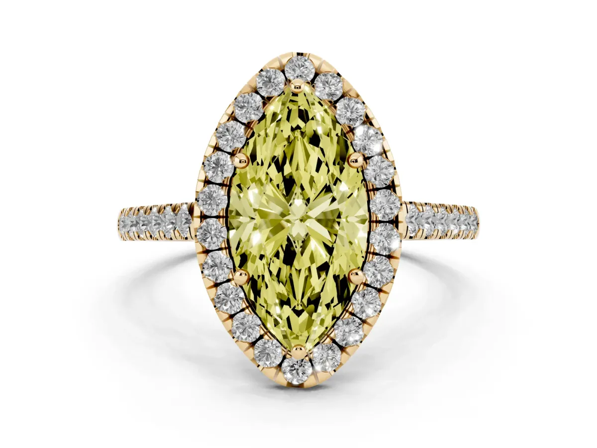 Fancy Yellow Marquise Cut Halo Pave Diamond Engagement Ring with Four-Prong Setting Yellow gold