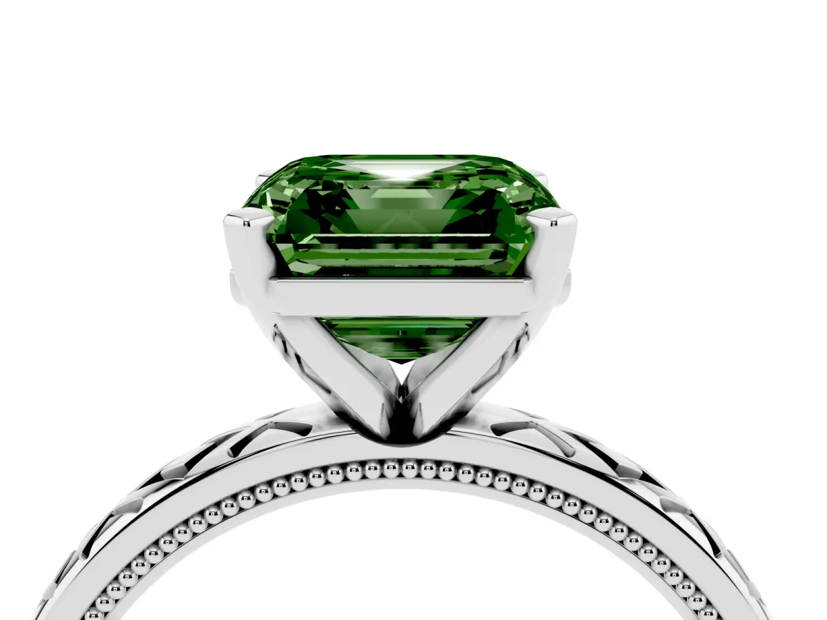 Fancy Green Asscher Cut Solitaire Diamond Ring with Milgrain and Black Enamel X Pattern Band Silver