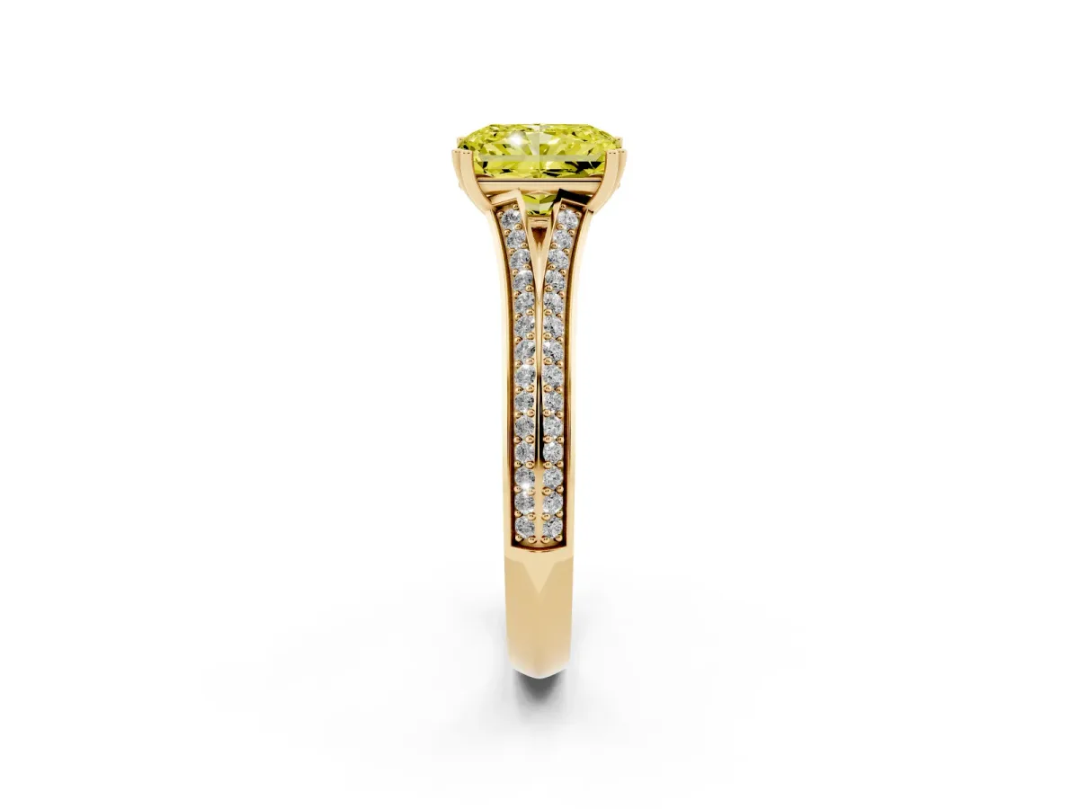 Fancy Yellow Radiant Cut Diamond Split Shank Engagement Ring with Pavé Band Yellow gold