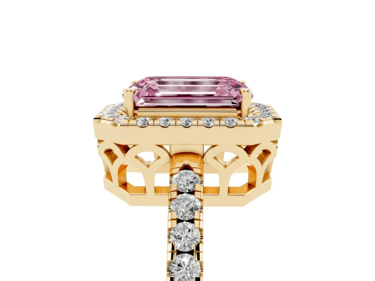 Fancy Pink Emerald Cut Halo Diamond Engagement Ring with Pavé Band and Four-Prong Setting Yellow gold