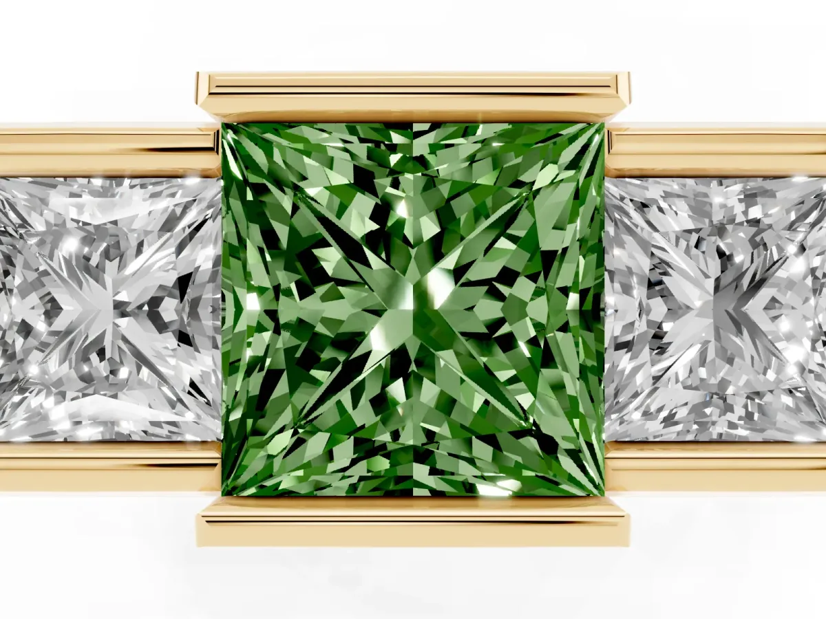 Fancy Green Three Stone Princess Cut Cut Channel Set Diamond Ring Yellow gold