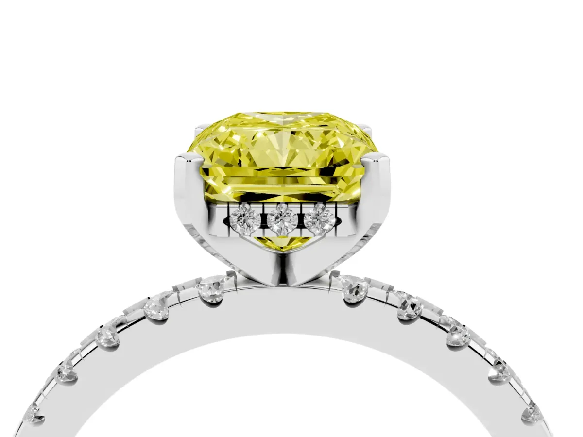 Fancy Yellow Radiant Cut Diamond Solitaire Ring with Round Pavé Band and Four-Prong Setting Silver