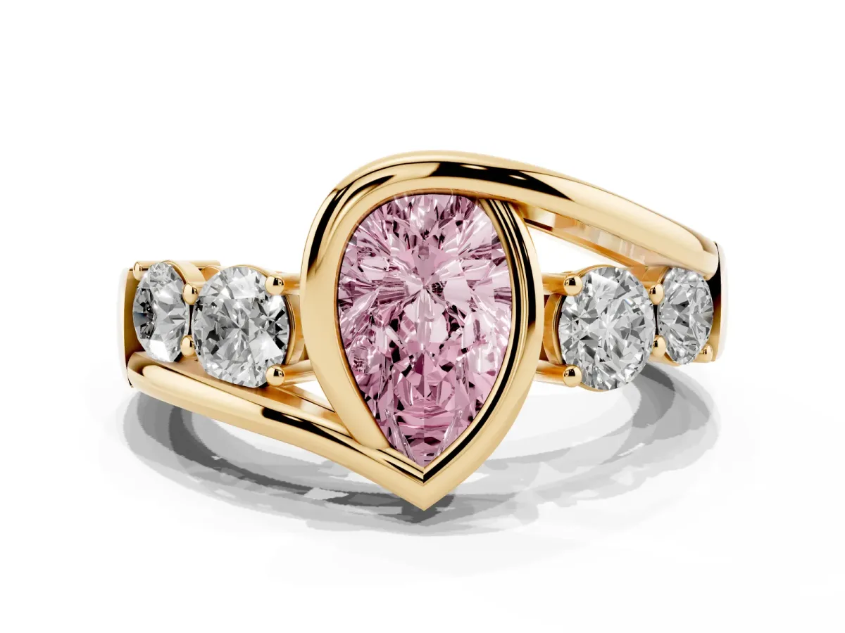 Fancy Pink Bezel Set Pear Cut Diamond Bypass Ring with Round Accents Yellow gold