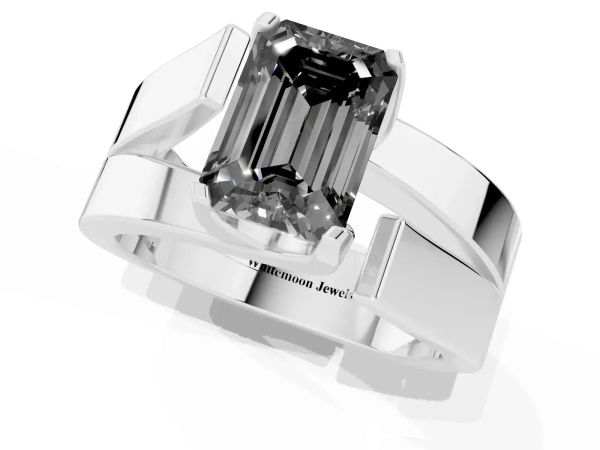 Fancy Black Modern Tension Set Emerald Cut Diamond Solitaire Wide Band Ring Silver