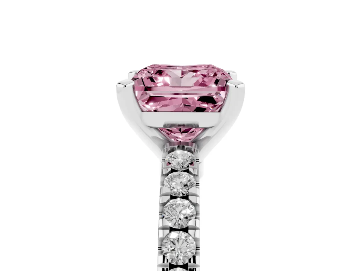 Fancy Pink Princess Cut Solitaire Diamond with Pavé Band and Four-Prong Setting Silver