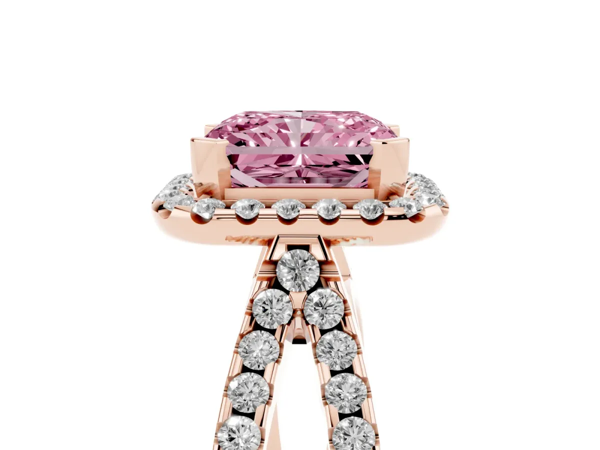 Fancy Pink Radiant Cut Diamond Halo Ring with Split Shank Pavé Band and Prong Setting Rose gold