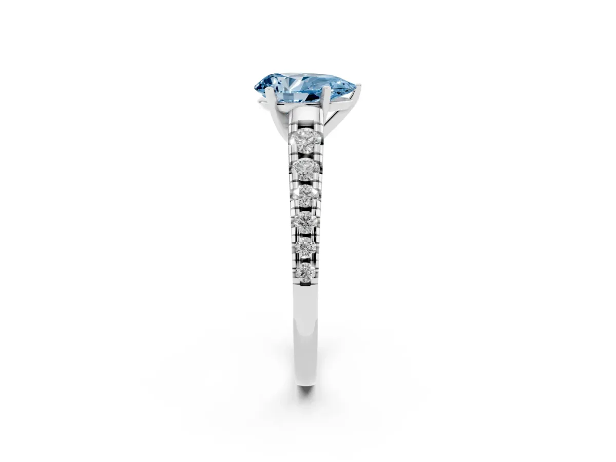 Fancy Blue Pear Cut Diamond Cathedral Solitaire Ring with Round Pavé Band Silver