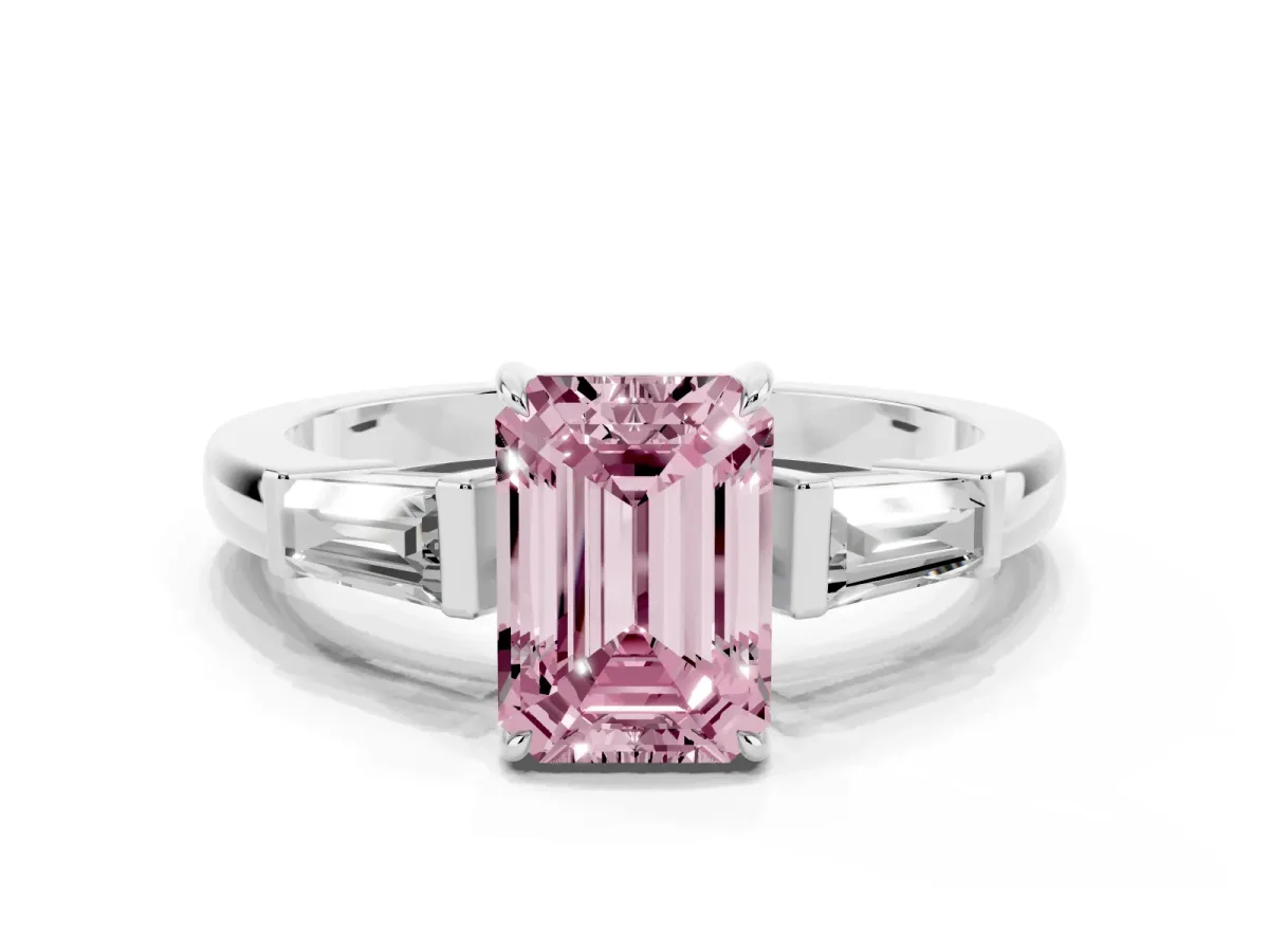 Fancy Pink Emerald Cut Diamond Three-Stone Ring with Tapered Baguette Side Stones and Prong Setting Platinum