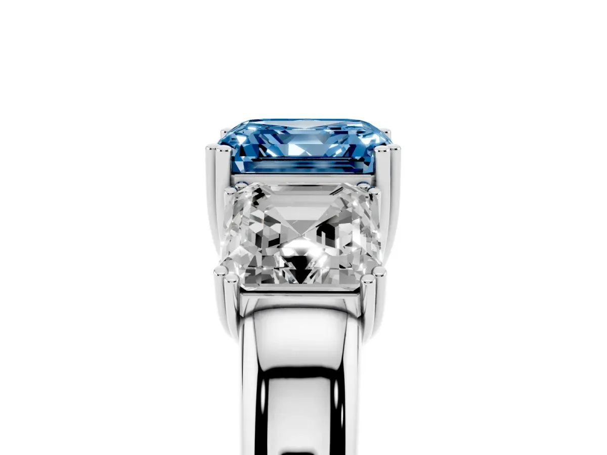 Fancy Blue Three-Stone Asscher Cut Cut Diamond Ring with Channel Set Band and Four-Prong Setting Silver