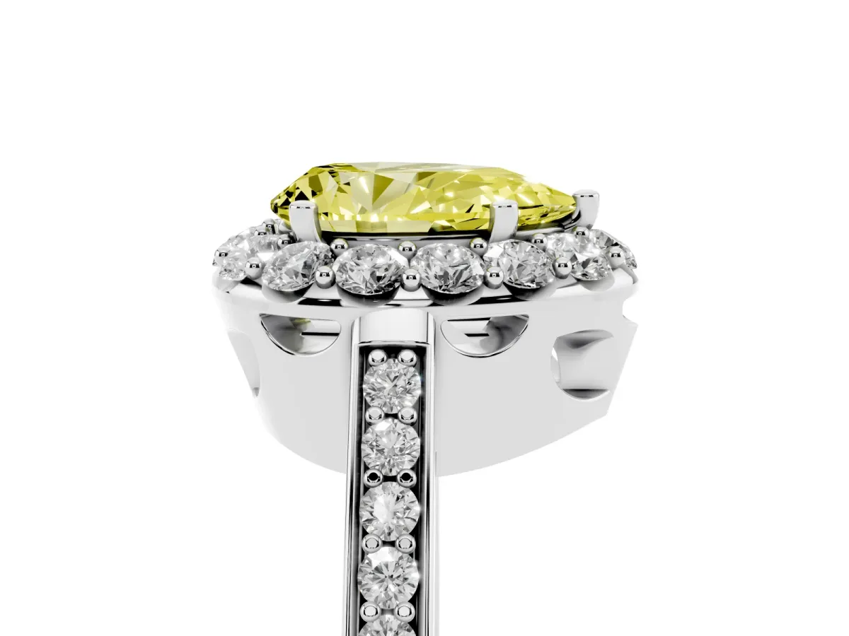 Fancy Yellow Pear Cut Diamond Floral Halo Ring with Pavé Band and Prong Setting Platinum
