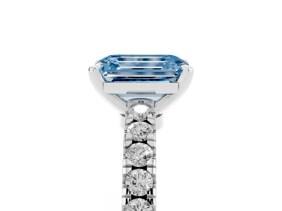 Fancy Blue Emerald Cut Solitaire Diamond with Pavé Band and Four-Prong Setting Silver