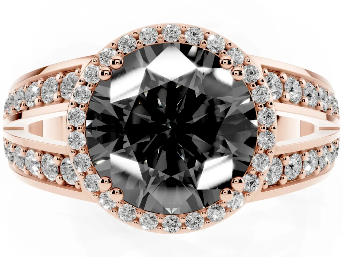 Fancy Black Round Cut Diamond Halo Ring with Split Shank Pavé Band and Four-Prong Setting Rose gold