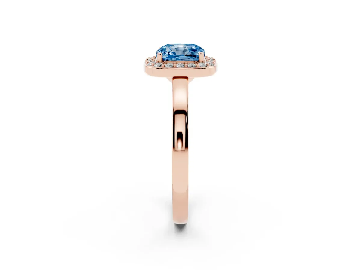Fancy Blue Cushion Cut Halo Diamond Ring with Solitaire Band and Prong Setting Rose gold