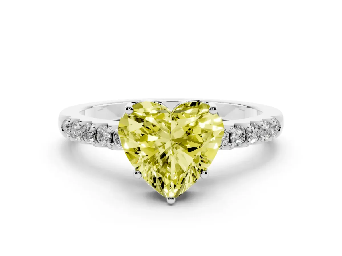 Fancy Yellow Heart Cut Solitaire Diamond Engagement Ring with Pavé Band and Six-Prong Setting Platinum