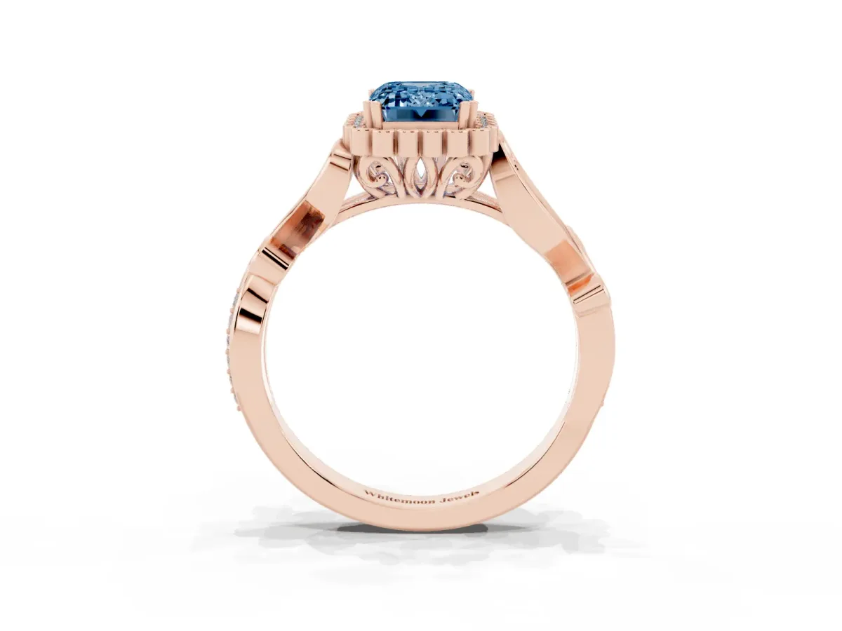 Fancy Blue Emerald Cut Diamond Halo Ring with Vintage Split Shank and Four-Prong Setting Rose gold