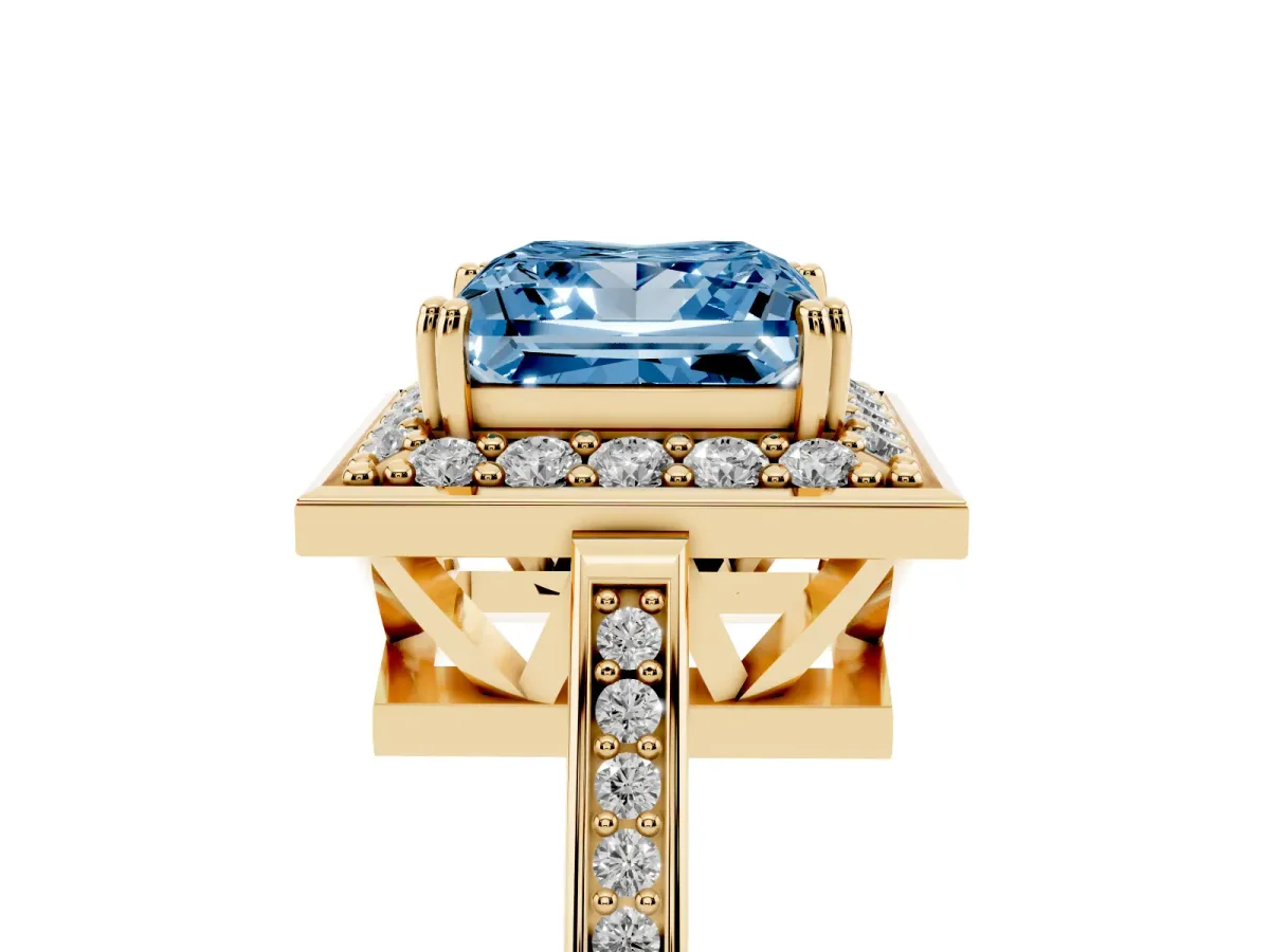Fancy Blue Princess Cut Diamond Halo Ring with Split Shank and Four-Prong Setting Yellow gold