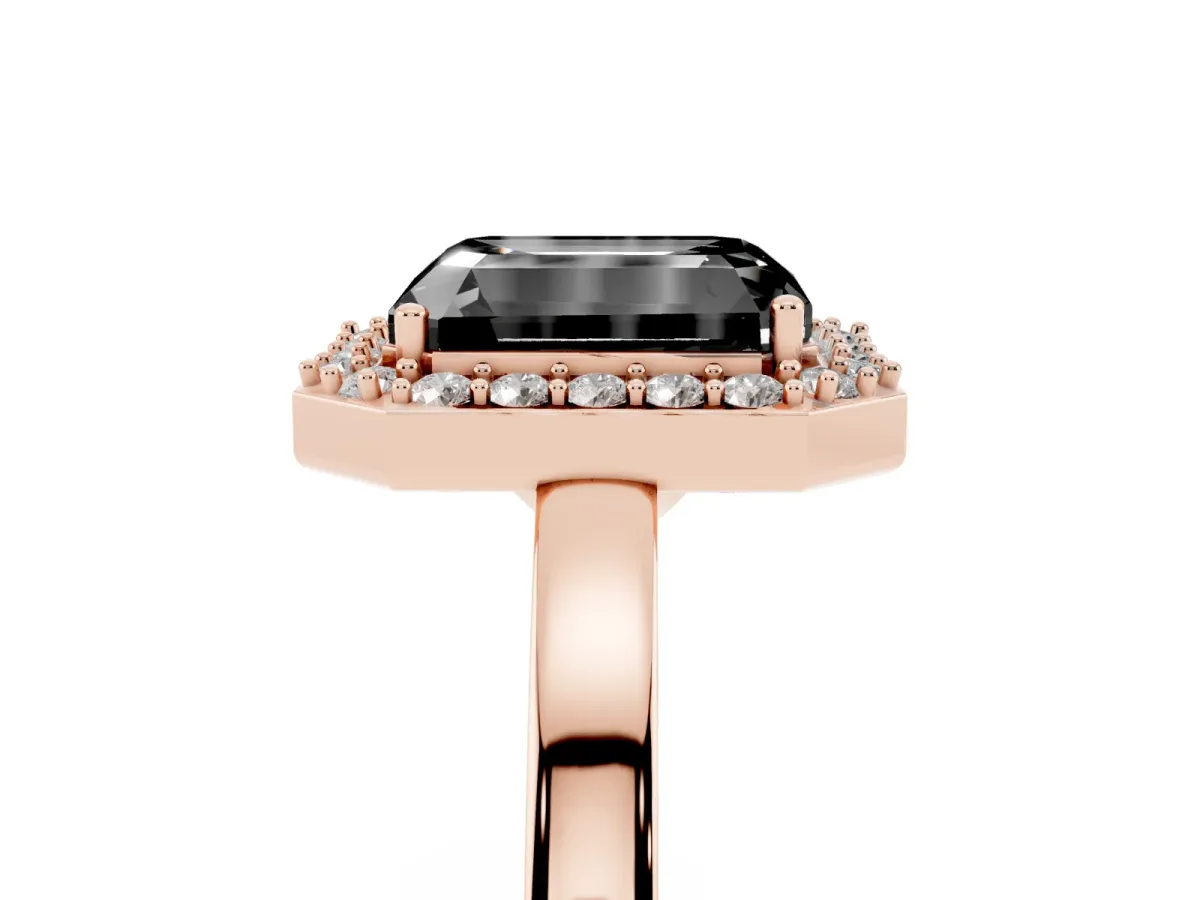 Fancy Black Radiant Cut Halo Diamond Ring with Solitaire Band and Prong Setting Rose gold