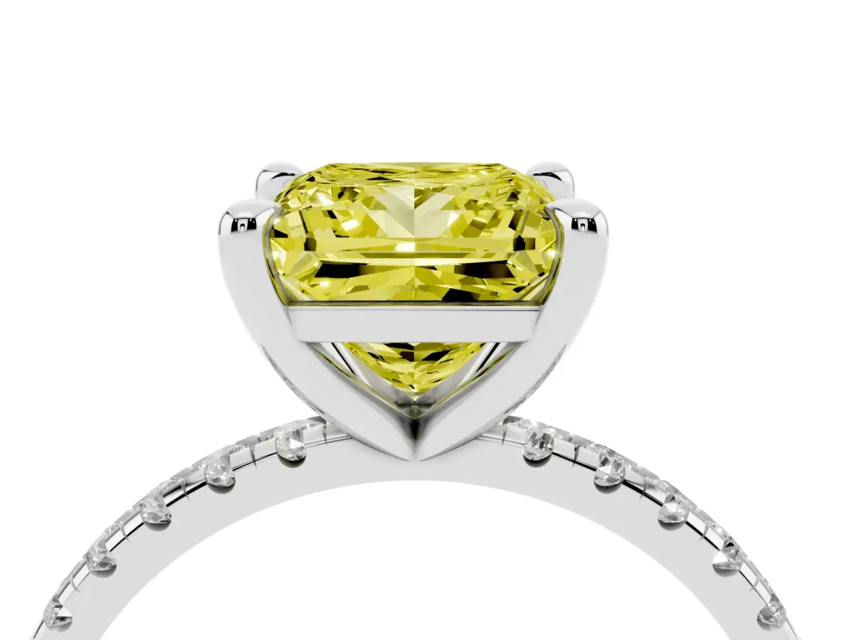 Fancy Yellow Princess Cut Diamond Brilliant Solitaire Ring with Pavé Band and Four-Prong Setting Platinum