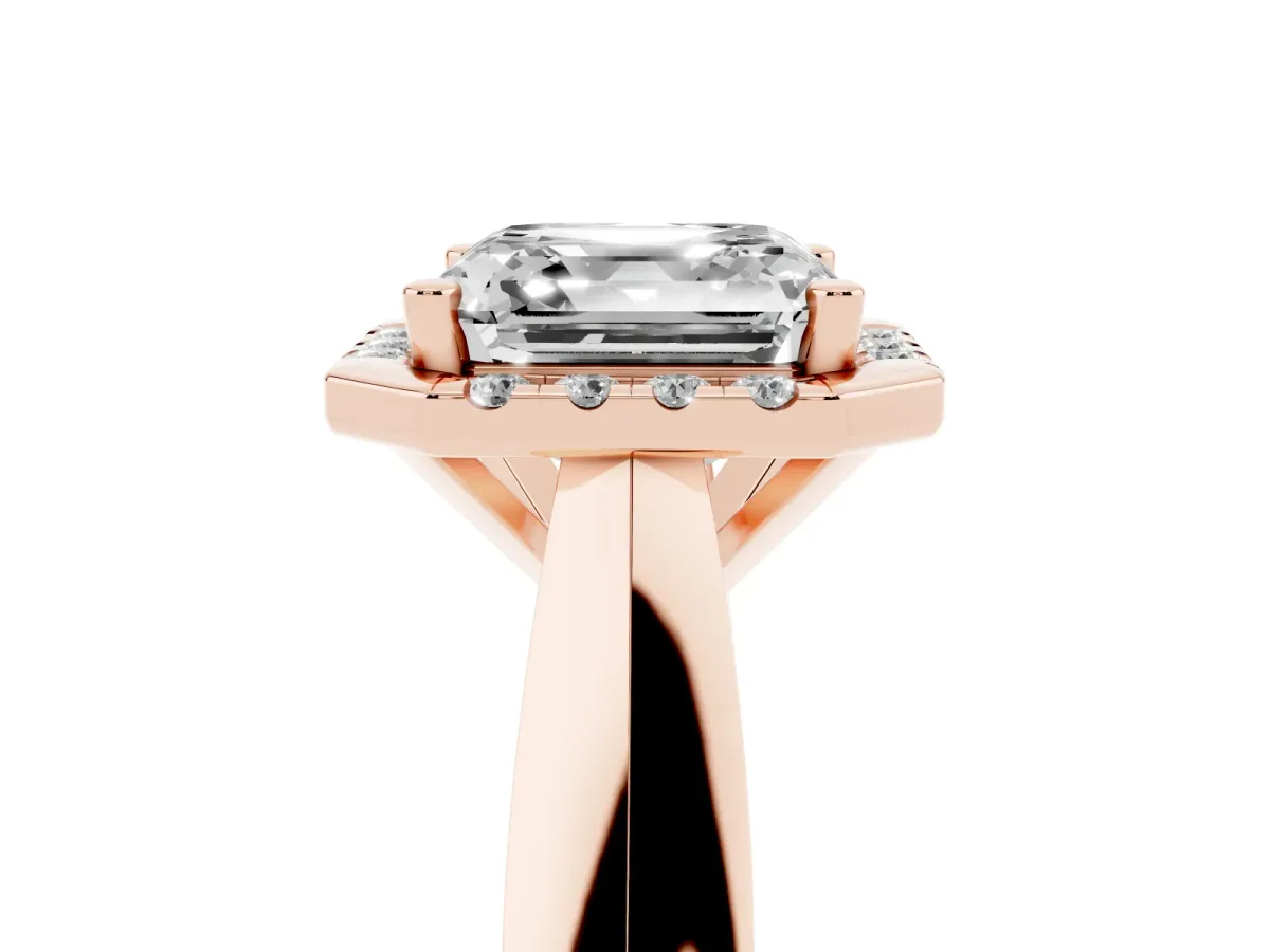 Asscher Cut Cut Halo Solitaire Engagement Ring with Square Band and Four-Prong Setting Rose gold