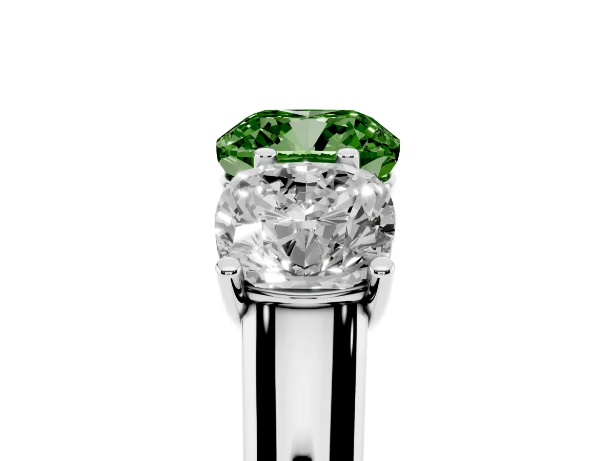 Fancy Green Cushion Cut Three-Stone Diamond Ring with Prong Setting on a Classic Band Silver